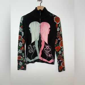 VTG Custo Barcelona Sweater Womens Wool Blend Floral Zip Turtleneck Approx Small